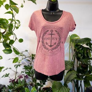 Obey Pink Anchor Design Graphic T-Shirt, Size XS